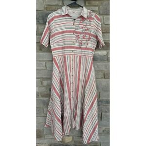 Bombay Paisley Striped Embroidered Cotton Dress Red Boho Cottagecore Vintage S